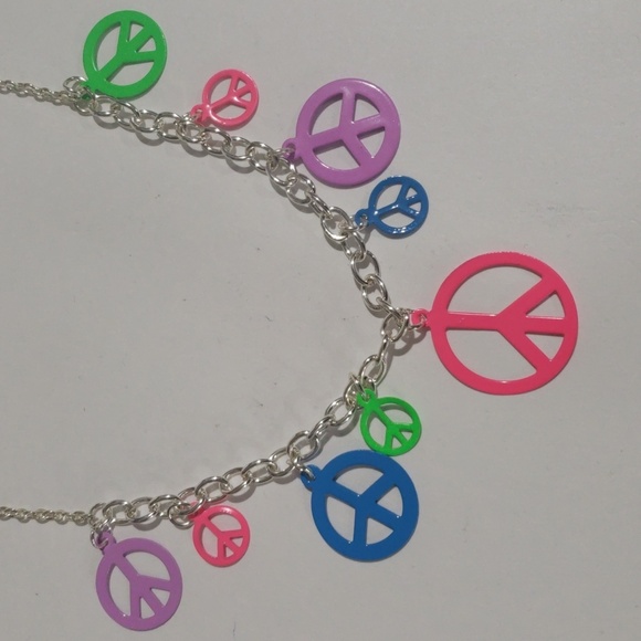 Silver-tone Necklace Colorful Peace Symbol Charms - Women's Fashion Jewelry - Picture 5 of 6